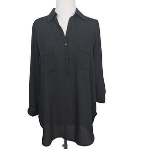 PLEIONE Black Chiffon Tab Sleeve Tunic Top Pockets Size Small S